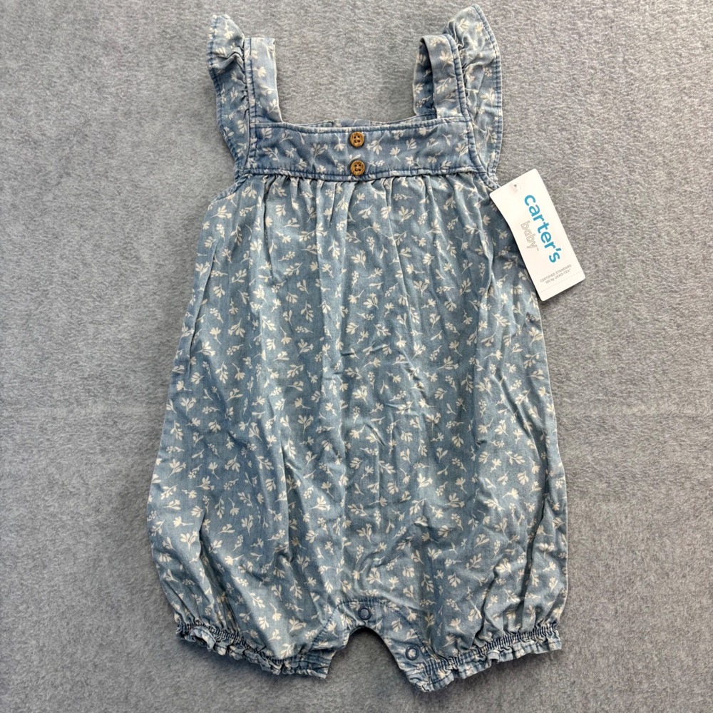 Carters Baby Girls Blue Floral Denim Ruffle Romper Jumpsuit 12 Months